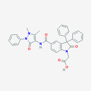 molecular formula C34H28N4O5 B010603 1H-Indol-1-acetic acid, 2,3-dihydro-3,3-diphenyl-2-oxo-5-(((2,3-dihydro-1,5-dimethyl-3-oxo-2-phenyl-1H-pyrazol-4-yl)amino)carbonyl)- CAS No. 100549-95-9
