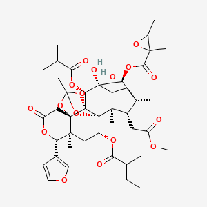 molecular formula C43H56O17 B10754174 [(1R,2R,5S,6S,7S,8R,9S,13S,17S,18S,20R,22S)-17-(furan-3-yl)-3,7-dihydroxy-22-(2-methoxy-2-oxoethyl)-2,5,11,18-tetramethyl-20-(2-methylbutanoyloxy)-8-(2-methylpropanoyloxy)-15-oxo-10,12,16,21-tetraoxaheptacyclo[9.9.1.12,5.01,9.03,7.09,13.013,18]docosan-6-yl] 2,3-dimethyloxirane-2-carboxylate 