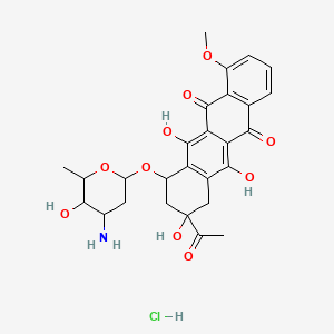 molecular formula C27H29NO10.HCl<br>C27H30ClNO10 B10754217 9-acetyl-7-(4-amino-5-hydroxy-6-methyloxan-2-yl)oxy-6,9,11-trihydroxy-4-methoxy-8,10-dihydro-7H-tetracene-5,12-dione;hydrochloride CAS No. 67463-64-3