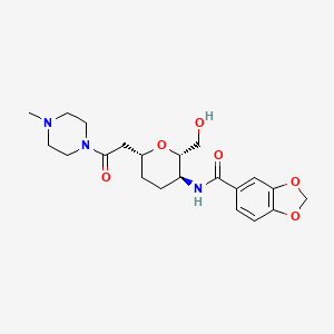 molecular formula C21H29N3O6 B10754795 N-[(2S,3S,6R)-2-(hydroxymethyl)-6-[2-(4-methyl-1-piperazinyl)-2-oxoethyl]-3-oxanyl]-1,3-benzodioxole-5-carboxamide 