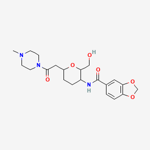 molecular formula C21H29N3O6 B10754849 N-[2-(hydroxymethyl)-6-[2-(4-methylpiperazin-1-yl)-2-oxoethyl]oxan-3-yl]-1,3-benzodioxole-5-carboxamide 