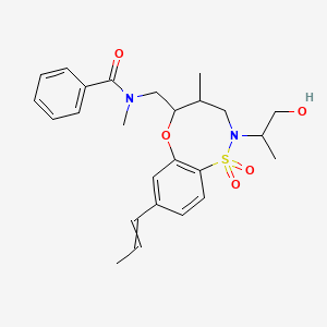 molecular formula C25H32N2O5S B10754868 N-[[2-(1-hydroxypropan-2-yl)-4-methyl-1,1-dioxo-8-prop-1-enyl-4,5-dihydro-3H-6,1lambda6,2-benzoxathiazocin-5-yl]methyl]-N-methylbenzamide 