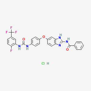 molecular formula C28H20ClF4N5O3 B10755102 N-[6-[4-[[2-fluoro-5-(trifluoromethyl)phenyl]carbamoylamino]phenoxy]-1H-benzimidazol-2-yl]benzamide;hydrochloride 