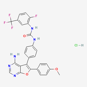 molecular formula C27H20ClF4N5O3 B10755132 1-[4-[4-amino-6-(4-methoxyphenyl)furo[2,3-d]pyrimidin-5-yl]phenyl]-3-[2-fluoro-5-(trifluoromethyl)phenyl]urea;hydrochloride 