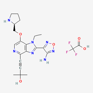 molecular formula C22H26F3N7O5 B10755518 4-[2-(4-amino-1,2,5-oxadiazol-3-yl)-1-ethyl-7-[[(2S)-pyrrolidin-2-yl]methoxy]imidazo[4,5-c]pyridin-4-yl]-2-methylbut-3-yn-2-ol;2,2,2-trifluoroacetic acid 