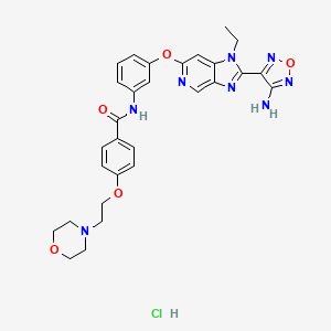 molecular formula C29H31ClN8O5 B10755539 N-[3-[2-(4-amino-1,2,5-oxadiazol-3-yl)-1-ethylimidazo[4,5-c]pyridin-6-yl]oxyphenyl]-4-(2-morpholin-4-ylethoxy)benzamide;hydrochloride 