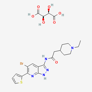 molecular formula C23H28BrN5O7S B10755674 N-(5-bromo-6-thiophen-2-yl-1H-pyrazolo[3,4-b]pyridin-3-yl)-2-(1-ethylpiperidin-4-yl)acetamide;(2R,3R)-2,3-dihydroxybutanedioic acid 