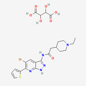 molecular formula C23H28BrN5O7S B10755825 N-(5-bromo-6-thiophen-2-yl-1H-pyrazolo[3,4-b]pyridin-3-yl)-2-(1-ethylpiperidin-4-yl)acetamide;2,3-dihydroxybutanedioic acid 