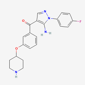 molecular formula C21H21FN4O2 B10756360 [5-Amino-1-(4-fluorophenyl)-1H-pyrazol-4-YL][3-(piperidin-4-yloxy)phenyl]methanone 