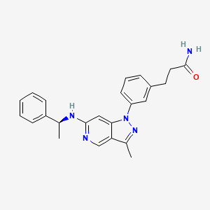 molecular formula C24H25N5O B10758585 3-[3-(3-methyl-6-{[(1S)-1-phenylethyl]amino}-1H-pyrazolo[4,3-c]pyridin-1-yl)phenyl]propanamide 