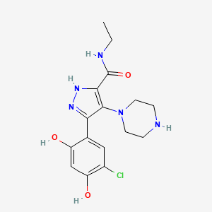 molecular formula C16H20ClN5O3 B10758588 5-(5-Chloro-2,4-dihydroxyphenyl)-N-ethyl-4-piperazin-1-YL-1H-pyrazole-3-carboxamide 