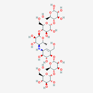 molecular formula C37H63NO28 B10758910 4,6-Dideoxy-4-{[4-[(4-O-hexopyranosylhexopyranosyl)oxy]-5,6-dihydroxy-3-(hydroxymethyl)cyclohex-2-EN-1-YL]amino}hexopyranosyl-(1->4)hexopyranosyl-(1->4)hexopyranose 