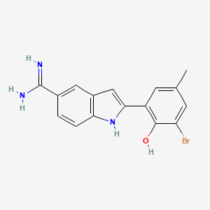 molecular formula C16H14BrN3O B10759880 2-{5-[Amino(iminio)methyl]-1H-indol-2-YL}-6-bromo-4-methylbenzenolate 