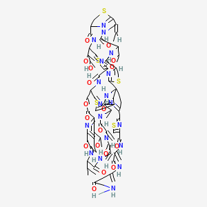 N-[3-[(3-amino-3-oxoprop-1-en-2-yl)amino]-3-oxoprop-1-en-2-yl]-2-[(1R,11Z,18S,25S,26R,37S,46S,53S)-18-[(2S,3R)-2,3-dihydroxybutan-2-yl]-11-ethylidene-59-hydroxy-8-[(1R)-1-hydroxyethyl]-31-[(1S)-1-hydroxyethyl]-26,46-dimethyl-40,43-dimethylidene-6,9,16,23,28,38,41,44,47-nonaoxo-37-propan-2-yl-27-oxa-3,13,20,56-tetrathia-7,10,17,24,36,39,42,45,48,52,58,61,62,63,64-pentadecazanonacyclo[23.23.9.329,35.12,5.112,15.119,22.154,57.01,53.032,60]tetrahexaconta-2(64),4,12(63),19(62),21,29(61),30,32(60),33,51,54,57-dodecaen-51-yl]-1,3-thiazole-4-carboxamide