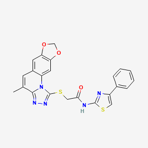 2-[(7-Methyl-12,14-dioxa-2,4,5-triazatetracyclo[7.7.0.02,6.011,15]hexadeca-1(16),3,5,7,9,11(15)-hexaen-3-yl)sulfanyl]-N-(4-phenyl-1,3-thiazol-2-yl)acetamide