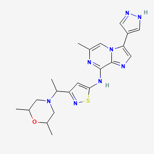 molecular formula C21H26N8OS B10771299 3-[1-(2,6-dimethylmorpholin-4-yl)ethyl]-N-[6-methyl-3-(1H-pyrazol-4-yl)imidazo[1,2-a]pyrazin-8-yl]-1,2-thiazol-5-amine 