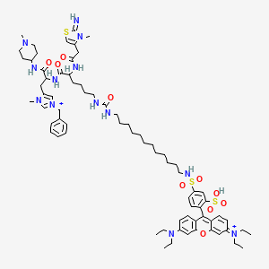 molecular formula C72H103N13O10S3+2 B10771560 [9-[4-[12-[[6-[[3-(1-Benzyl-3-methylimidazol-1-ium-4-yl)-1-[(1-methylpiperidin-4-yl)amino]-1-oxopropan-2-yl]amino]-5-[[2-(2-imino-3-methyl-1,3-thiazol-4-yl)acetyl]amino]-6-oxohexyl]carbamoylamino]dodecylsulfamoyl]-2-sulfophenyl]-6-(diethylamino)xanthen-3-ylidene]-diethylazanium 