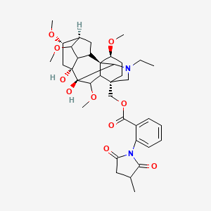 molecular formula C37H50N2O10 B10772226 [(1S,4S,5R,6S,8R,9S,13S,16S)-11-ethyl-8,9-dihydroxy-4,6,16,18-tetramethoxy-11-azahexacyclo[7.7.2.12,5.01,10.03,8.013,17]nonadecan-13-yl]methyl 2-(3-methyl-2,5-dioxopyrrolidin-1-yl)benzoate 