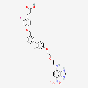 molecular formula C34H35FN4O7 B10772270 3-[2-fluoro-4-[[3-[2-methyl-4-[2-[2-[(7-nitro-2,3-dihydro-1H-benzimidazol-4-yl)amino]ethoxy]ethoxy]phenyl]phenyl]methoxy]phenyl]propanoic acid 