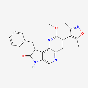 molecular formula C23H20N4O3 B10772359 9-benzyl-3-(dimethyl-1,2-oxazol-4-yl)-2-methoxy-7H,8H,9H-pyrrolo[2,3-c]1,5-naphthyridin-8-one 