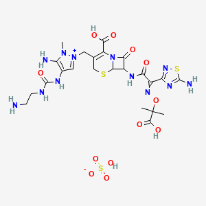 molecular formula C23H32N12O12S3 B10774483 3-[[3-Amino-4-(2-aminoethylcarbamoylamino)-2-methylpyrazol-1-ium-1-yl]methyl]-7-[[2-(5-amino-1,2,4-thiadiazol-3-yl)-2-(2-carboxypropan-2-yloxyimino)acetyl]amino]-8-oxo-5-thia-1-azabicyclo[4.2.0]oct-2-ene-2-carboxylic acid;hydrogen sulfate 