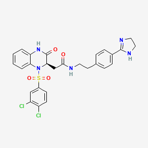 molecular formula C27H25Cl2N5O4S B10774558 2-Quinoxalineacetamide, 1-[(3,4-dichlorophenyl)sulfonyl]-N-[2-[4-(4,5-dihydro-1H-imidazol-2-yl)phenyl]ethyl]-1,2,3,4-tetrahydro-3-oxo-, (2R)- 