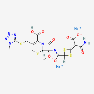 molecular formula C17H15N7Na2O8S4 B10774576 disodium;3-amino-2-[4-[N-[(6R,7S)-2-carboxy-7-methoxy-3-[(1-methyltetrazol-5-yl)sulfanylmethyl]-8-oxo-5-thia-1-azabicyclo[4.2.0]oct-2-en-7-yl]-C-oxidocarbonimidoyl]-1,3-dithietan-2-ylidene]-3-oxopropanoate 