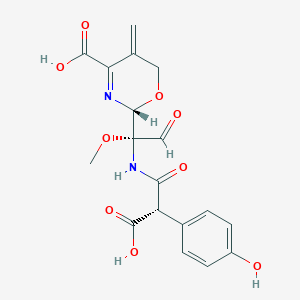 molecular formula C18H18N2O9 B10777753 (2r)-2-[(1r)-1-{[(2s)-2-Carboxy-2-(4-Hydroxyphenyl)acetyl]amino}-1-Methoxy-2-Oxoethyl]-5-Methylidene-5,6-Dihydro-2h-1,3-Oxazine-4-Carboxylic Acid 