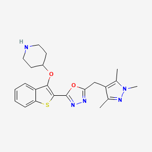 molecular formula C22H25N5O2S B10778961 2-(3-Piperidin-4-Yloxy-1-Benzothiophen-2-Yl)-5-[(1,3,5-Trimethylpyrazol-4-Yl)methyl]-1,3,4-Oxadiazole 