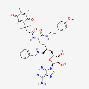 molecular formula C46H58N8O8 B10779079 (2S,5S)-5-[[(2R,3S,4R,5R)-5-(6-aminopurin-9-yl)-3,4-dihydroxyoxolan-2-yl]methyl]-6-(benzylamino)-N-[2-(4-methoxyphenyl)ethyl]-2-[[3-methyl-3-(2,4,5-trimethyl-3,6-dioxocyclohexa-1,4-dien-1-yl)butanoyl]amino]hexanamide 