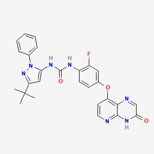 molecular formula C27H24FN7O3 B10779486 1-(3-(tert-butyl)-1-phenyl-1H-pyrazol-5-yl)-3-(2-fluoro-4-((3-oxo-3,4-dihydropyrido[2,3-b]pyrazin-8-yl)oxy)phenyl)urea 