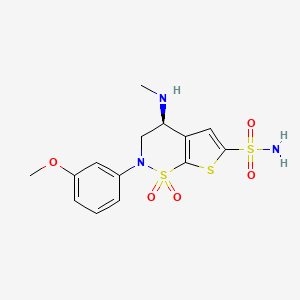 molecular formula C14H17N3O5S3 B10779670 (s)-3,4-Dihydro-2-(3-methoxyphenyl)-4-methylamino-2h-thieno[3,2-e]-1,2-thiazine-6-sulfonamide-1,1-dioxide 