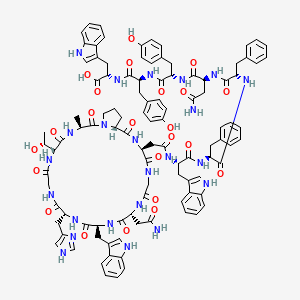 molecular formula C103H115N23O23 B10779789 (2S)-2-[[(2S)-2-[[(2S)-2-[[(2S)-4-amino-2-[[(2S)-2-[[(2S)-2-[[(2S)-2-[[2-[(3S,6R,12R,15S,18R,24S,27R)-18-(2-amino-2-oxoethyl)-6-[(1R)-1-hydroxyethyl]-12-(1H-imidazol-4-ylmethyl)-15-(1H-indol-3-ylmethyl)-3-methyl-2,5,8,11,14,17,20,23,26-nonaoxo-1,4,7,10,13,16,19,22,25-nonazabicyclo[25.3.0]triacontan-24-yl]acetyl]amino]-3-(1H-indol-3-yl)propanoyl]amino]-3-phenylpropanoyl]amino]-3-phenylpropanoyl]amino]-4-oxobutanoyl]amino]-3-(4-hydroxyphenyl)propanoyl]amino]-3-(4-hydroxyphenyl)propanoyl]amino]-3-(1H-indol-3-yl)propanoic acid 