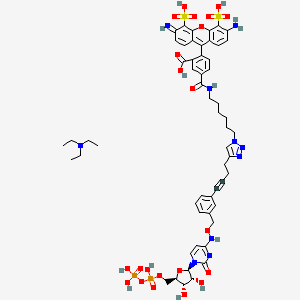 molecular formula C55H66N10O22P2S2 B10779877 2-(3-amino-6-imino-4,5-disulfoxanthen-9-yl)-5-[6-[4-[4-[3-[[[1-[(2R,3R,4S,5R)-3,4-dihydroxy-5-[[hydroxy(phosphonooxy)phosphoryl]oxymethyl]oxolan-2-yl]-2-oxopyrimidin-4-yl]amino]oxymethyl]phenyl]but-3-ynyl]triazol-1-yl]hexylcarbamoyl]benzoic acid;N,N-diethylethanamine 