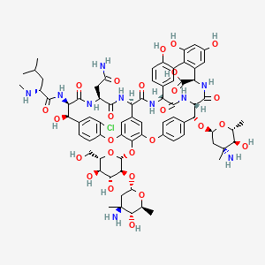 molecular formula C73H89ClN10O26 B10781108 (1S,2R,18R,19R,22S,25R,28R,40R)-2-[(2S,4R,5S,6R)-4-amino-5-hydroxy-4,6-dimethyloxan-2-yl]oxy-48-[(2R,3S,4R,5R,6S)-3-[(2S,4S,5R,6S)-4-amino-5-hydroxy-4,6-dimethyloxan-2-yl]oxy-4,5-dihydroxy-6-(hydroxymethyl)oxan-2-yl]oxy-22-(2-amino-2-oxoethyl)-15-chloro-18,32,35,37-tetrahydroxy-19-[[(2R)-4-methyl-2-(methylamino)pentanoyl]amino]-20,23,26,42,44-pentaoxo-7,13-dioxa-21,24,27,41,43-pentazaoctacyclo[26.14.2.23,6.214,17.18,12.129,33.010,25.034,39]pentaconta-3(50),4,6(49),8(48),9,11,14,16,29(45),30,32,34(39),35,37,46-pentadecaene-40-carboxylic acid 