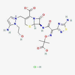 molecular formula C21H26ClN9O8S2 B10781176 (6R,7R)-3-[[3-amino-2-(2-hydroxyethyl)pyrazol-1-ium-1-yl]methyl]-7-[[(2Z)-2-(5-amino-1,2,4-thiadiazol-3-yl)-2-(2-carboxypropan-2-yloxyimino)acetyl]amino]-8-oxo-5-thia-1-azabicyclo[4.2.0]oct-2-ene-2-carboxylate;hydrochloride 