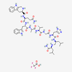 molecular formula C58H80F3N15O11 B10782053 (2S)-N-[(2S)-1-[[(2S)-1-[[(2S)-1-[[2-[[(2S)-1-[[(2S)-1-[[(2S)-1-amino-4-methyl-1-oxopentan-2-yl]amino]-4-methylpentan-2-yl]amino]-3-(1H-imidazol-5-yl)-1-oxopropan-2-yl]amino]-2-oxoethyl]amino]-3-methyl-1-oxobutan-2-yl]amino]-1-oxopropan-2-yl]amino]-3-(1H-indol-3-yl)-1-oxopropan-2-yl]-2-[[(3R)-2,3,4,9-tetrahydro-1H-pyrido[3,4-b]indole-3-carbonyl]amino]pentanediamide;2,2,2-trifluoroacetic acid 