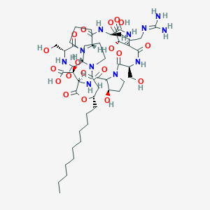 molecular formula C49H79N11O19 B10785103 (2S)-2-[(3R,6S,13S,16R,19S,20R,25S,28R,31R,34R)-16-[(S)-carboxy(hydroxy)methyl]-31-[3-(diaminomethylideneamino)propyl]-20-hydroxy-3,25-bis(hydroxymethyl)-2,5,11,15,18,24,27,30,33-nonaoxo-13-undecyl-14-oxa-1,4,10,17,23,26,29,32-octazatetracyclo[32.3.0.06,10.019,23]heptatriacontan-28-yl]-2-hydroxyacetic acid 