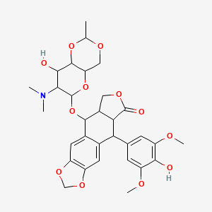 molecular formula C31H37NO12 B10785208 5-[[7-(dimethylamino)-8-hydroxy-2-methyl-4,4a,6,7,8,8a-hexahydropyrano[3,2-d][1,3]dioxin-6-yl]oxy]-9-(4-hydroxy-3,5-dimethoxyphenyl)-5a,6,8a,9-tetrahydro-5H-[2]benzofuro[6,5-f][1,3]benzodioxol-8-one 