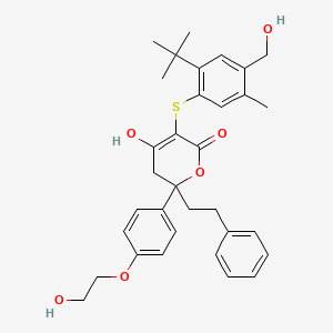 5-{[2-Tert-butyl-4-(hydroxymethyl)-5-methylphenyl]sulfanyl}-6-hydroxy-2-[4-(2-hydroxyethoxy)phenyl]-2-(2-phenylethyl)-2,3-dihydro-4h-pyran-4-one