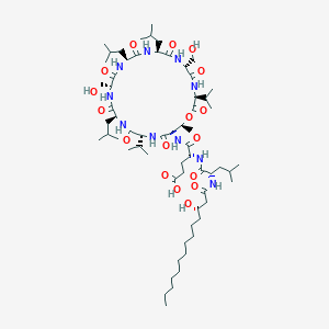 molecular formula C63H112N10O17 B10786166 (4R)-5-[[(3S,6R,9S,12S,15R,18S,21R,24R,25S)-6,15-bis(hydroxymethyl)-25-methyl-9,12,18-tris(2-methylpropyl)-2,5,8,11,14,17,20,23-octaoxo-3,21-di(propan-2-yl)-1-oxa-4,7,10,13,16,19,22-heptazacyclopentacos-24-yl]amino]-4-[[(2S)-2-[[(3S)-3-hydroxytetradecanoyl]amino]-4-methylpentanoyl]amino]-5-oxopentanoic acid 