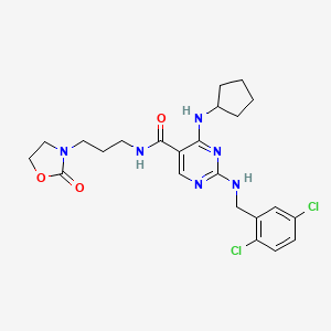 molecular formula C23H28Cl2N6O3 B10786228 4-(cyclopentylamino)-2-[(2,5-dichlorophenyl)methylamino]-N-[3-(2-oxo-1,3-oxazolidin-3-yl)propyl]pyrimidine-5-carboxamide 