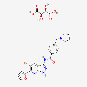 molecular formula C26H26BrN5O8 B10786547 N-[5-bromo-6-(furan-2-yl)-1H-pyrazolo[3,4-b]pyridin-3-yl]-4-(pyrrolidin-1-ylmethyl)benzamide;(2R,3R)-2,3-dihydroxybutanedioic acid 