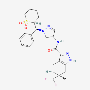 molecular formula C25H27F2N5O3S B10787527 (4aS,5aR)-N-[1-[(S)-[(2S)-1,1-dioxothian-2-yl]-phenylmethyl]pyrazol-4-yl]-5,5-difluoro-5a-methyl-1,4,4a,6-tetrahydrocyclopropa[f]indazole-3-carboxamide 