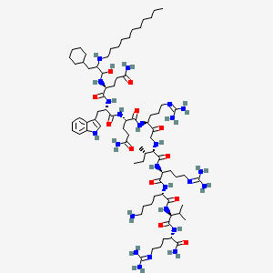 molecular formula C77H138N24O12 B10787962 (2S)-N-[(2S)-1-[[(2S)-5-amino-1-[[(3S)-1-[[(2S,3S)-1-[[(2S)-1-[[(2S)-6-amino-1-[[(2S)-1-[[(2S)-1-amino-5-(diaminomethylideneamino)-1-oxopentan-2-yl]amino]-3-methyl-1-oxobutan-2-yl]amino]-1-oxohexan-2-yl]amino]-5-(diaminomethylideneamino)-1-oxopentan-2-yl]amino]-3-methyl-1-oxopentan-2-yl]amino]-6-(diaminomethylideneamino)-2-oxohexan-3-yl]amino]-1,5-dioxopentan-2-yl]amino]-3-(1H-indol-3-yl)-1-oxopropan-2-yl]-2-[[3-cyclohexyl-1-hydroxy-2-(undecylamino)propyl]amino]pentanediamide 