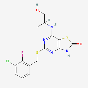 molecular formula C15H14ClFN4O2S2 B10788262 5-[(3-chloro-2-fluorophenyl)methylsulfanyl]-7-(1-hydroxypropan-2-ylamino)-3H-[1,3]thiazolo[4,5-d]pyrimidin-2-one 