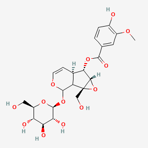 molecular formula C23H28O13 B10790192 [(2S,4S,5S,6R,10S)-2-(hydroxymethyl)-10-[(2S,3R,4S,5S,6R)-3,4,5-trihydroxy-6-(hydroxymethyl)oxan-2-yl]oxy-3,9-dioxatricyclo[4.4.0.02,4]dec-7-en-5-yl] 4-hydroxy-3-methoxybenzoate 