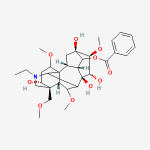 molecular formula C32H45NO10 B10790203 [(2R,3R,5R,6S,7S,8R,13R,14R,16S,17S,18R)-11-ethyl-5,7,8,14-tetrahydroxy-6,16,18-trimethoxy-13-(methoxymethyl)-11-azahexacyclo[7.7.2.12,5.01,10.03,8.013,17]nonadecan-4-yl] benzoate CAS No. 466-24-0