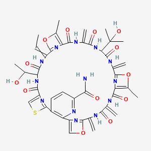 molecular formula C45H45N13O13S B10790295 17-Ethylidene-14-(1-hydroxyethyl)-27-(2-hydroxypropan-2-yl)-20,33-dimethyl-24,30,37,40-tetramethylidene-12,15,22,25,28,35,38-heptaoxo-19,32,42-trioxa-9-thia-3,13,16,23,26,29,36,39,44,45,46,47-dodecazahexacyclo[39.2.1.18,11.118,21.131,34.02,7]heptatetraconta-1(43),2(7),3,5,8(47),10,18(46),20,31(45),33,41(44)-undecaene-4-carboxamide 