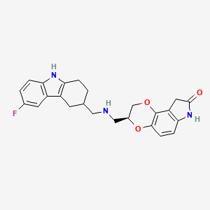 molecular formula C24H24FN3O3 B10791164 (3S)-3-(((6-fluoro-2,3,4,9-tetrahydro-1H-carbazol-3-yl)methylamino)methyl)-7,9-dihydro-2H-[1,4]dioxino[2,3-e]indol-8(3H)-one 